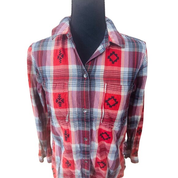 Ariat Womens Red Plaid Button-Up Western Cowgirl Shirt S Santa Fe Tribal Print - Picture 2 of 12